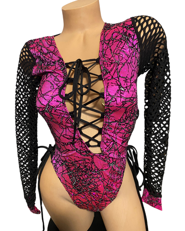 Limited Edition Pink & Black Mesh Lace-Up One-Piece – Ready to Ship