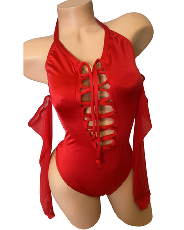 Keep Up Lace Up Bodysuit With Sleeves - Red