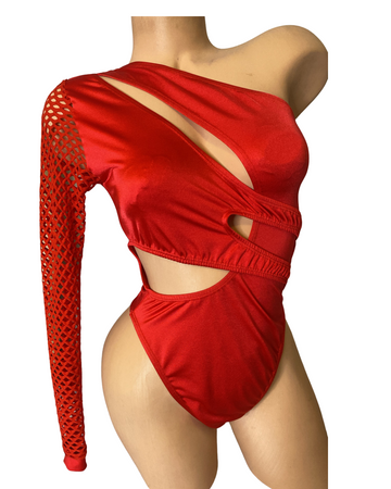 Pressure One Sleeved Fishnet Bodysuit - Red