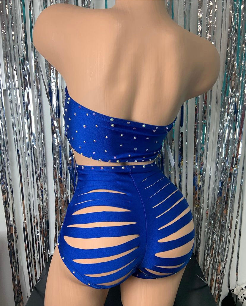 Jada Rhinestone Bandeau Top with Shredded High Waist Shorts - Highwaist Sets - Exotic Dancewear - Bottle Girl Outfits - Stripper Outfits - Attitude Behavior